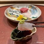 御料理 寺沢 - 寒鮃を山葵と割醤油で