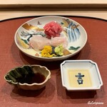 御料理 寺沢 - 天然本鮪と寒鮃と縁側の造りを割醤油と煎り酒