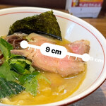 らー麺屋 バリバリジョニー - サイズ測ったけどちと小さめに測っちゃった。厚みもあるから食べ応え充分。また、三つ葉がめっちゃいい味出してる。根ミツバか芹にしたらもっとすごいと思う。