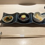 すし尽誠 - 前菜3種(松前漬け、さつま芋のレモン煮、筍の煮物）