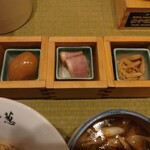 らーめん 鴨to葱 上野御徒町本店 - 煮玉子、鴨肉のコンフィ、穂先メンマ