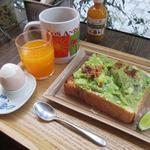 モーニングのアボカドトーストセット（667円+ＴＡＸ）アボカドトースト+コーヒー+フレッシュジュース+茹で卵