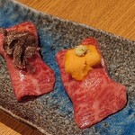 焼肉神威 - ザブトン炙り握り 雲丹とトリュフ