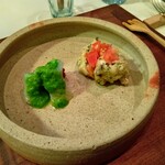 リストランテ シエロ - 昆布〆オコゼ 菜の花のサルサヴェルデと日生の牡蠣と初物わかめ、津山小麦のゼッポレ