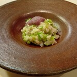 リストランテ シエロ - ノリランカ農園 自然栽培 はざ干し はつしも米　里見農園キャベツのリゾット 紫キャベツピュレ