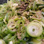 汁なし担担麺専門キング軒 横浜関内南口店 - どっさりねぎ盛りのねぎには山椒の粉が！座ったカウンター席にも追い山椒があるのですが、店主さんいわくシビレは最初からかかっているほうがあるとのこと。
