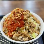 夢を語れ - 汁無し+ソーキ豚バラ軟骨+野菜マシマシ(にんにくアリ•アブラ普通) +ダヴィンチ(トマト)