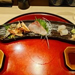 車海老専科 天麩羅 手一束 - 刺身３種 車海老とカンパチと鯛