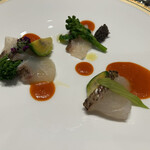 エスパシオナゴヤキャッスル - 三重県産新姫真鯛マリネの炙り
                                トマトピネグレットとタブナード