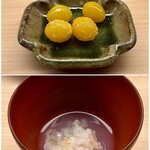 鮨 陸 - 写真上：銀杏 愛知県祖父江より
      写真下：羽釜で炊いたおこげに蛤のお出汁