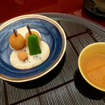 渡風亭 - 一月：油もの（くわい姿揚げ　ホタテと穴子）