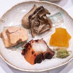 鮨 福原 - 2026.2 痛風盛り（牡蠣山椒煮、数の子西京味噌漬け、真蛸梅煮、アンキモ煮付け）