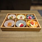 欧風居酒屋バル･アミューズ - ■前菜６種盛り合わせ ・フォアグラのテリーヌ・蟹のムース ・パテドカンパーニュ・ほたて ・カブと玉ねぎ・苺とクリームチーズ