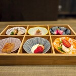 欧風居酒屋バル･アミューズ - ■前菜６種盛り合わせ ・フォアグラのテリーヌ・蟹のムース ・パテドカンパーニュ・ほたて ・カブと玉ねぎ・苺とクリームチーズ