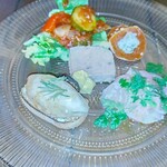 炉端×イタリアン アルベロ - 前菜、フラッシュで色が変に