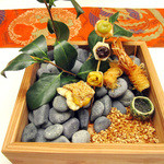 嵐山MITATE - 6【メイン1】甘鯛の炭火焼  海老&小芋&麩の田楽/天使の海老ソーメン状穀物揚/キャビア茶碗蒸し(2015.01夜)