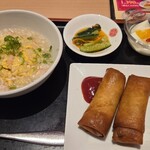 上海湯包小館 - 料理写真:旧正月 揚げ春巻セット(1,529円) ハーフ蟹あんかけ炒飯、揚げ春巻、ハーフ杏仁豆腐、小菜