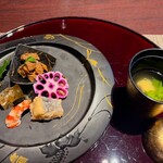Dining 白石 - 料理写真:ふぐの煮こごり、車エビ、鰆の南蛮漬け、お吸い物