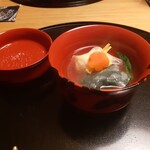 おか田 - 帆立真薯、ちぢみほうれん草、薄大根、梅人参