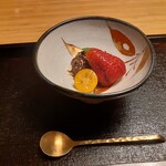 おか田 - デザート　チョコレートアイス、古都華、金柑蜜煮