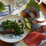 さきと - 刺身10点盛り①生サバ、〆サバ、ゴマサバ、マグロ 2015.01