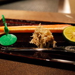 銀座 座屋 - 間人蟹 蟹酢で 「たいざガニ 海運丸」の緑タグ 2015.1.2x