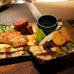 銀座 座屋 - 仙台牛の酒粕焼き 寒鰤の酒盗焼き 金柑蜜煮 姫大根 チシャトウ他野菜類 2015.1.2x