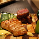 銀座 座屋 - 仙台牛の酒粕焼き 寒鰤の酒盗焼き仙台牛の酒粕焼き 寒鰤の酒盗焼き 金柑蜜煮 姫大根 チシャトウ他野菜類 2015.1.2x