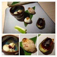 鮨 水魚 - 小鉢に入っているのは「うどと烏賊の酢味噌和え」もう少し酢味噌が強い方が美味しいかも。
                「雲丹と烏賊の真丈」「カプレーゼ」「うるいのお浸し」「小茄子の味噌田楽」