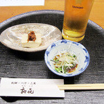 和喜 - お通し2点。生ビール550円(2015.1月)