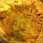 麺や而今 - 而今流広島汁無坦坦麺-海老塩濃厚豚そば残り汁ぶっかけ(2015/1)