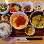 カフェレストりん - 2015･1･27日替わり
      ハンバーグ。スクラングルエッグ。温野菜。南瓜のハムサラダ。ホタルイカのわさび醤油。辣味冷奴。デザート
      