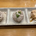 練馬 鳥長 新潟 - お通し(煮胸肉と山芋、蒸しつくね醤油、蒸しつくねチーズ)