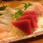 遊人 - 本日のお刺身3点盛(なめたガレイ,まぐろ,どんこ)(15.1.27)