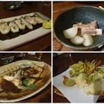うえ山 - 蒸し牡蠣、チヌのあら炊き、蕪と豚バラの柔らか煮、太刀魚紫蘇挟み揚げ、掻き揚げ