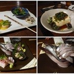 うえ山 - お通し（サヨリの皮の炙り、金柑とこえび、アイスプラントの和え物、豆苗おひたし、酢蓮）、刺身盛り合わせ（太刀魚、鰤、鯛、かわはぎの肝和え）、ピータン豆腐