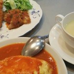 仔鹿 - サービスランチ (ライス･ポタージュ･エビフライ･ポークカツ･プレーンオムレツ･コーヒー)