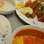 仔鹿 - サービスランチ (ライス･ポタージュ･エビフライ･ポークカツ･プレーンオムレツ･コーヒー)