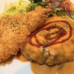 テルポリート from ユキノヤ - 日替わりランチメニュー　白身魚のフライ&ハンバーグステーキ（トマトクリームソース）、ややズーム