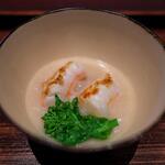 Hirosawa - This is the first dish: Grilled Botan Shrimp served with Chinese-style rice porridge made with Shogoin Turnip. It was truly impressive.