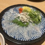 魚食処 一豊 - とらふぐてっさ　お皿が透けて見えます♪