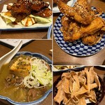 煮込みや みよし - 左上から骨つき豚カルビ、もつ煮、かっぱ揚げ、ごぼうチップ