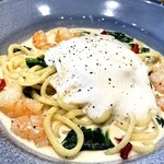 Comule - エビとあさりのクリームパスタ　チーズのエスプーマ¥1480込(2026/2/下旬時点)