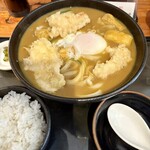 うどん料理 千 - とり天カレーうどんのセット、温玉、小ライス付き
