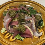 食堂アローカメラ - イサキの炙りカルパッチョ（カーボロネロのソース）