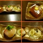 なん天 - お通し（黒鯛手まり寿司、紅ズワイ、新ワカメ、汲み上げ湯葉、白菜煮、明石鯛の煮凝り）