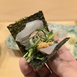 はらまさ - ヒラメの刺身　あん肝ソースと薬味