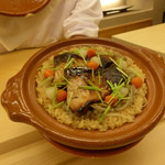 銀座 小十 - ブリ+ゴボウの土鍋炊き込みご飯