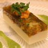 シェ・ヒャクタケ - 料理写真:前菜：　お魚のムースに赤座海老がごろんと入ったコンソメゼリーを合わせてあります。生雲丹のせ。　ソースはブロッコリ。　ものすごい量です！