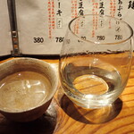 五郎 - 店提供のグラスは縁が厚めなので持参ぐい吞み使用